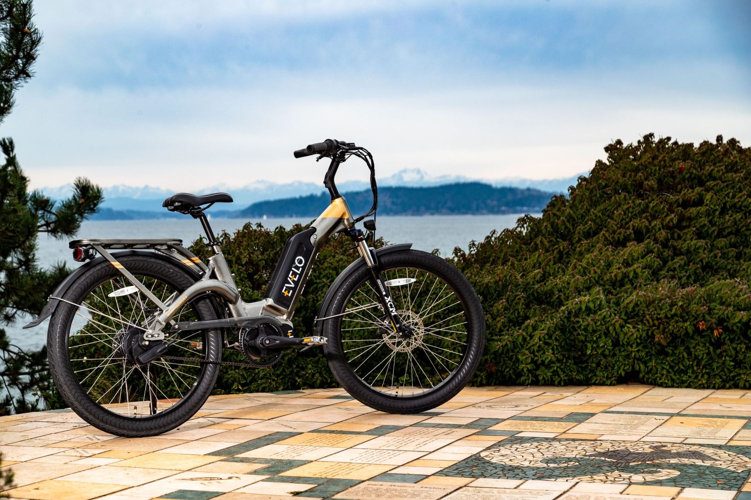 Electric bike on a tiled patio with ocean and mountains in the background in Seattle.